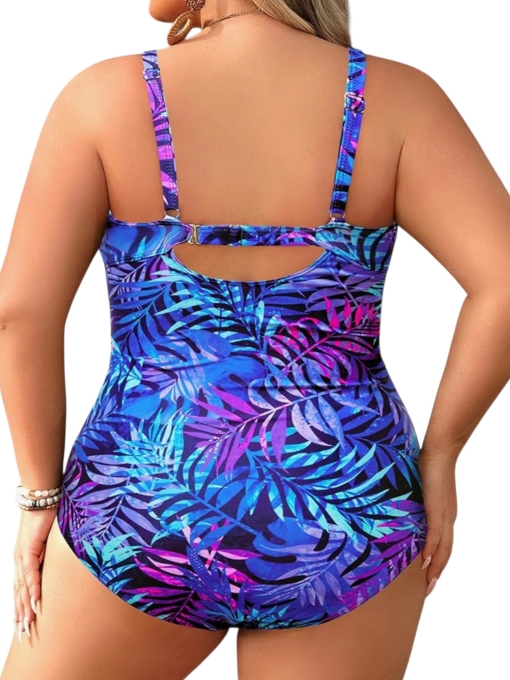 AQUA EVE - 22W Leaf Print Blue & Purple Tank One-Piece Swimsuit - Picture 2 of 9